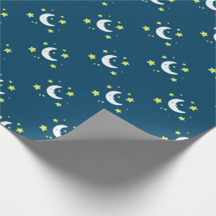 Mond-u. Stern-Gelb auf Marine-Druck-Packpapier Geschenkpapier
