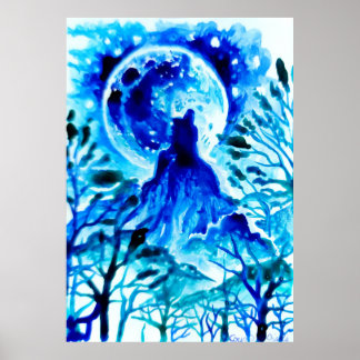 Mond über Bergen und Wald Poster