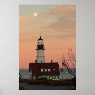 Mond über Portlandhauptleuchtturm Poster