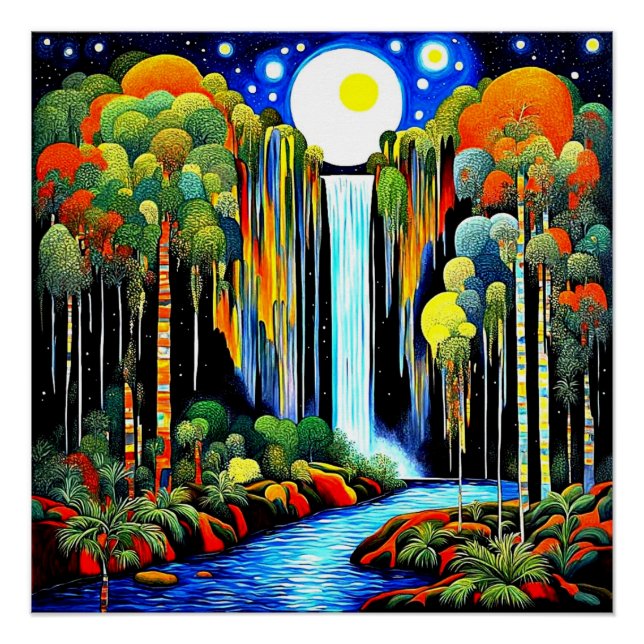 Mond über Wasserfall Poster (Vorderseite)