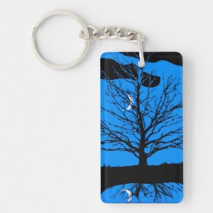 Mond und Baum, Kobalt Blau, Schwarz & Weiß Schlüsselanhänger