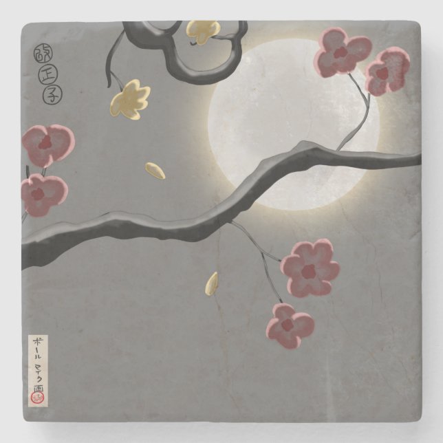 Mond und Blüten Steinuntersetzer (Vorderseite)