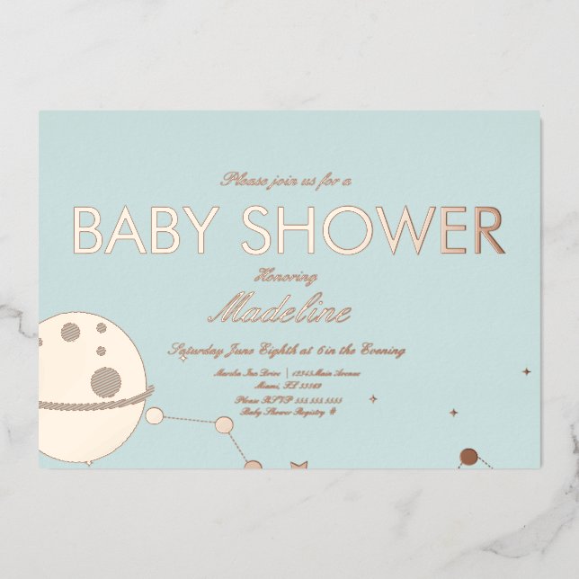 Mond und Stars Babydusche gepresst Foil in Foil Folieneinladung (Vorderseite)