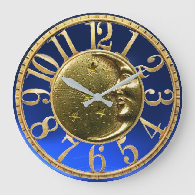 MOND UND STARS Gold Yellow Blue Große Wanduhr (Vorderseite)