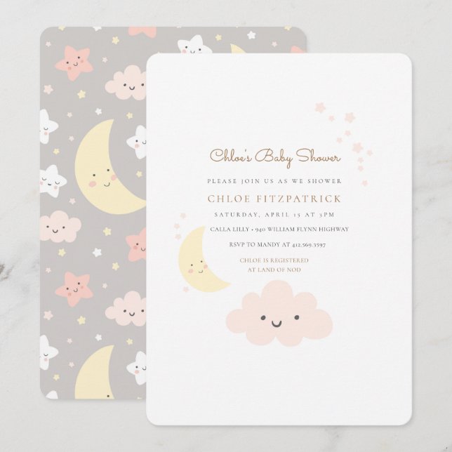 Mond-und Stern-Babyparty-Einladungs-Rosa Einladung (Vorne/Hinten)
