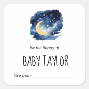 Mond und Sterne Baby Shower Exlibris Quadratischer Aufkleber