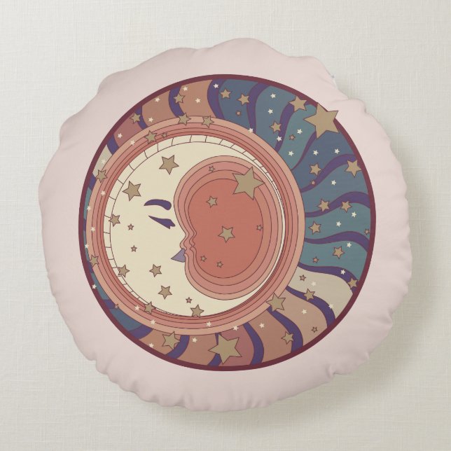 Mond und Sterne Celestial Rundes Kissen (Rückseite)