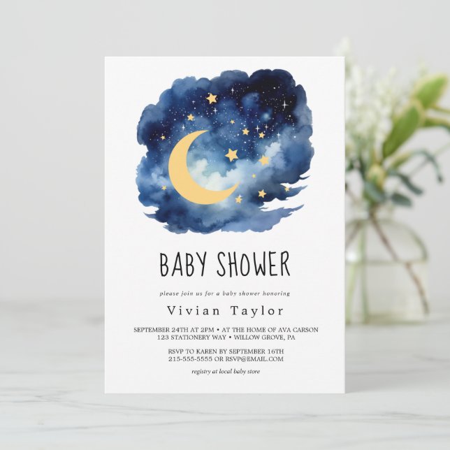 Mond und Sterne | Einladung zur Kinderdusche (Stehend Vorderseite)