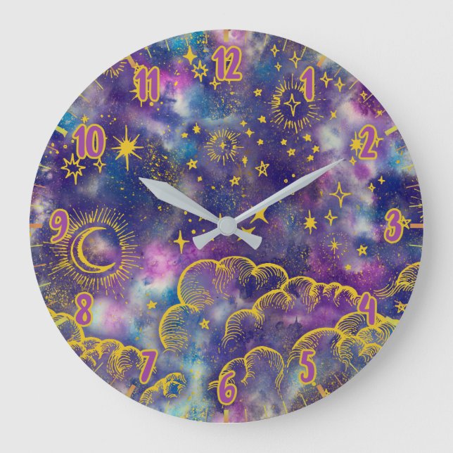 Mond und Sterne | Gold, farbig Große Wanduhr (Vorderseite)