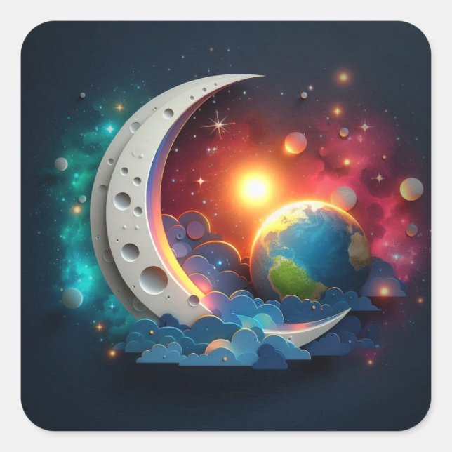 Mond und Sterne Quadratischer Aufkleber (Vorderseite)