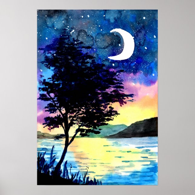 Mond und Sterne über dem See Poster (Vorne)
