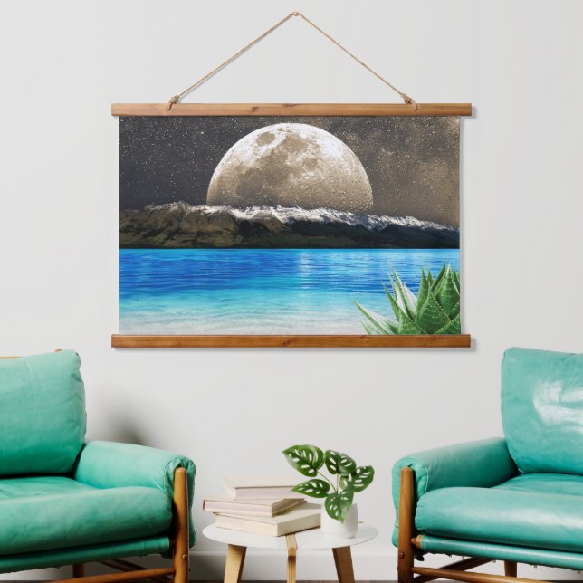 Mond und Strand Wandteppich Mit Holzrahmen (Wohnzimmer)
