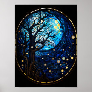 Mondbeglanzter Baum-Buntglas-Himmels-Kunst Poster