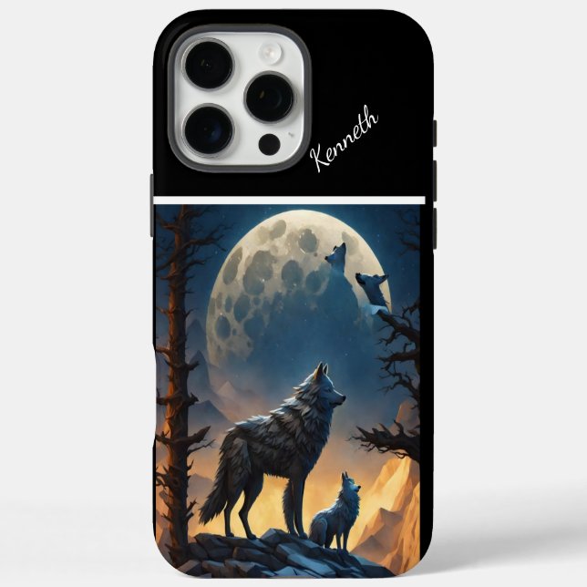 Mondbeleuchtete Nacht mit Howling Wolf iPhone 16 Pro Max Hülle (Rückseite)