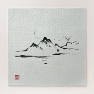 "Mondbeschienene Berge: Sumi-e-Landschaft"