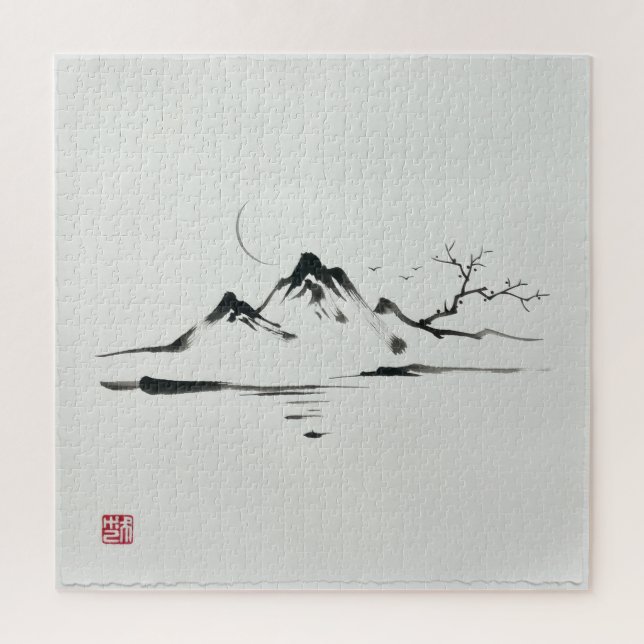 "Mondbeschienene Berge: Sumi-e-Landschaft" (Vertikal)