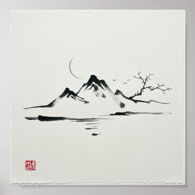 "Mondbeschienene Berge: Sumi-e-Landschaft" Poster (Vorne)