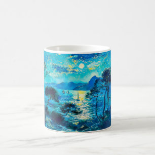 Mondbeschienene Bucht mit Booten Impressionistisch Kaffeetasse
