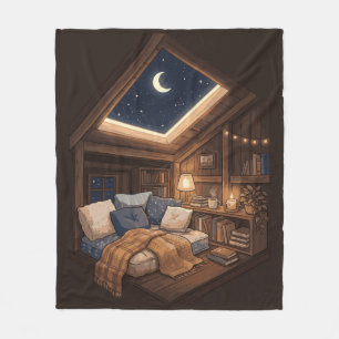 Mondbeschienene Gemütliche Hütten-Leseecke-Illustr Fleecedecke
