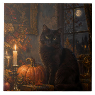 Mondbeschienene gotische schwarze Katze Herbst Fliese
