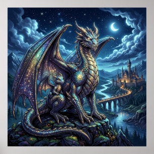Mondbeschienene himmlische Vater- und Sohndrachen  Poster