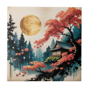 Mondbeschienene Hütte Japanischer Wald Kunst (4) Fliese