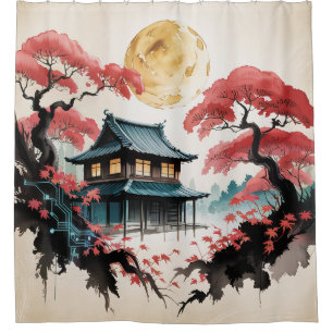 Mondbeschienene Hütte Japanischer Wald Kunst (5) Duschvorhang