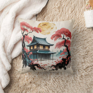 Mondbeschienene Hütte Japanischer Wald Kunst (5) Kissen