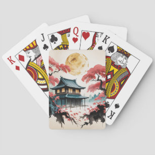 Mondbeschienene Hütte Japanischer Wald Kunst (5) Spielkarten