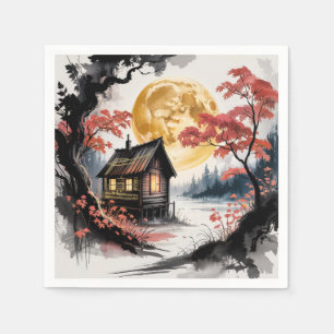 Mondbeschienene Hütte Japanischer Wald Kunst (7) Serviette