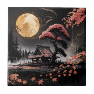 Mondbeschienene Hütte Japanischer Wald Kunst (8) Fliese