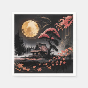 Mondbeschienene Hütte Japanischer Wald Kunst (8) Serviette