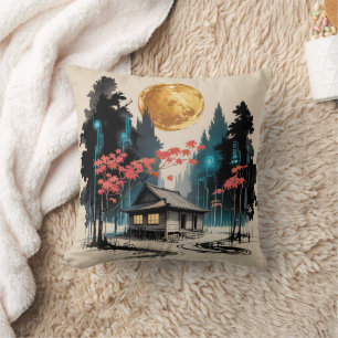 Mondbeschienene Hütte Japanischer Wald Kunst (9) Kissen