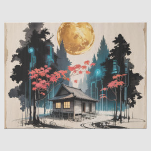 Mondbeschienene Hütte Japanischer Wald Kunst (9) Seidenpapier