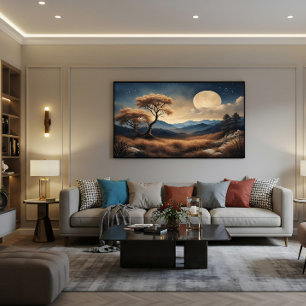 Mondbeschienene Landschaft Goldene Bäume Berge Poster
