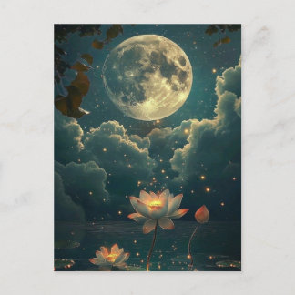 Mondbeschienene Lotus-Teich-Fantasie-Postkarte | V Postkarte