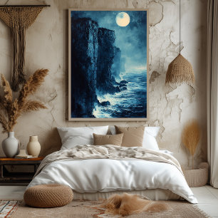 Mondbeschienene Ozeanklippen in monochromem Blau Poster