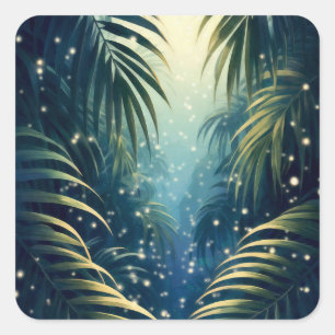 Mondbeschienene Palmwedel mit Glühwürmern, Aquarel Quadratischer Aufkleber