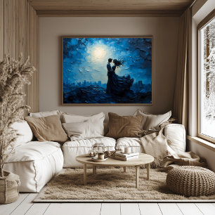 Mondbeschienene Romanze Paar umarmt sich in landsc Poster