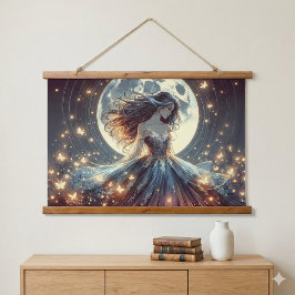 Mondbeschienene Schmetterlingsverzauberin Fantasy Wandteppich Mit Holzrahmen