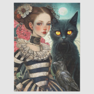 Mondbeschienene schwarze Katze Goth-Girl & Rabe De Seidenpapier