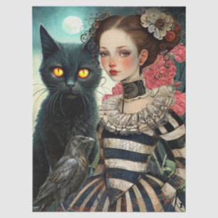 Mondbeschienene schwarze Katze Goth-Girl & Rabe De Seidenpapier