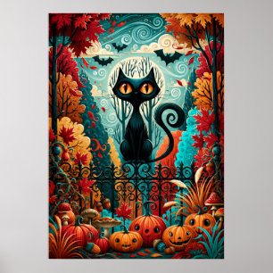 Mondbeschienene schwarze Katze Kürbis Fantasie Poster