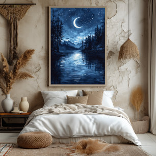 Mondbeschienene Seereflektion in monochromem Blau Poster