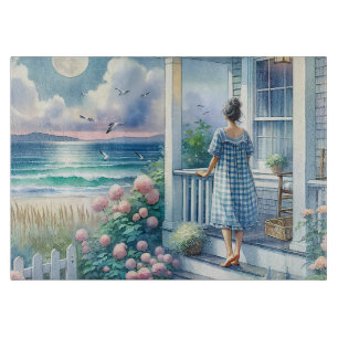 Mondbeschienene Veranda eines Cottage am Meer Schneidebrett