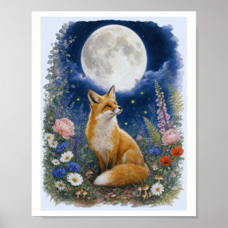 Mondbeschienene Wald-Fuchs-Aquarell-Botanik-Wandku Poster