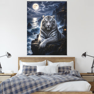 Mondbeschienener Meereshüter Weiße Tiger-Fantasy Leinwanddruck