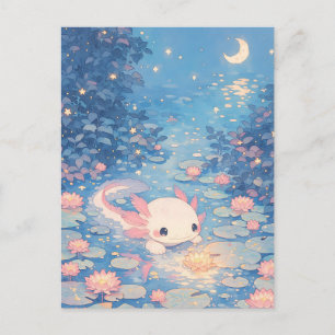 Mondbeschienener Pastell-Kawaii-Axolotl-Teich Postkarte