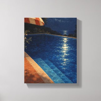 Mondbeschienener Pool mit gestreiftem Sonnenschirm Leinwanddruck