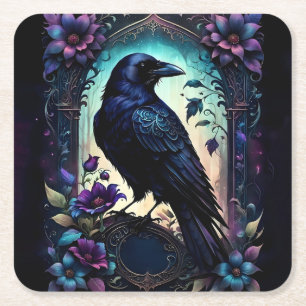 Mondbeschienener Rabe Gothic Floral Hochzeitssui Rechteckiger Pappuntersetzer